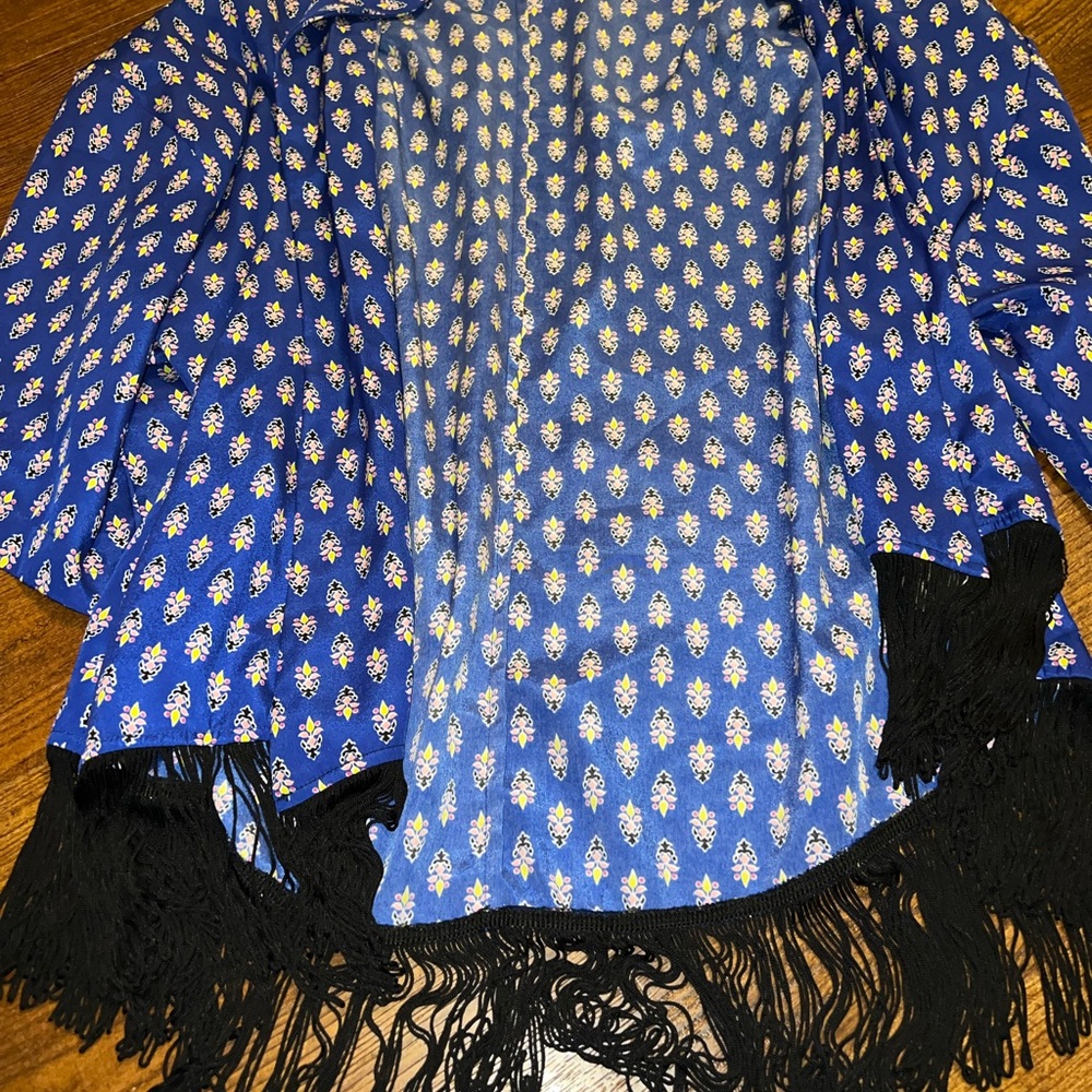 Olsenboye Blue Boho Open Front Black Fringe Y2K Hippie Draped Cardigan Size XS - Picture 8 of 10